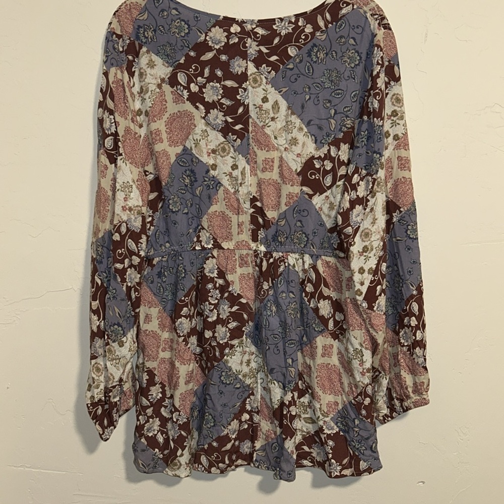 Maurices XXL Peplum Rayon Empire Waist Boho Patchwork V Neck Blouse Boho Style - Picture 11 of 16